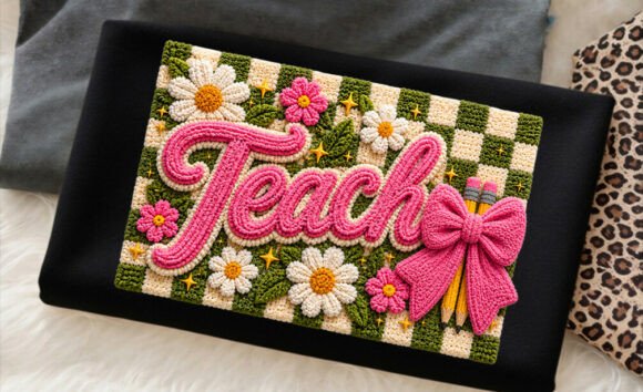 Faux Yarn Teach Bow Pencil Flower Shirt Graphics